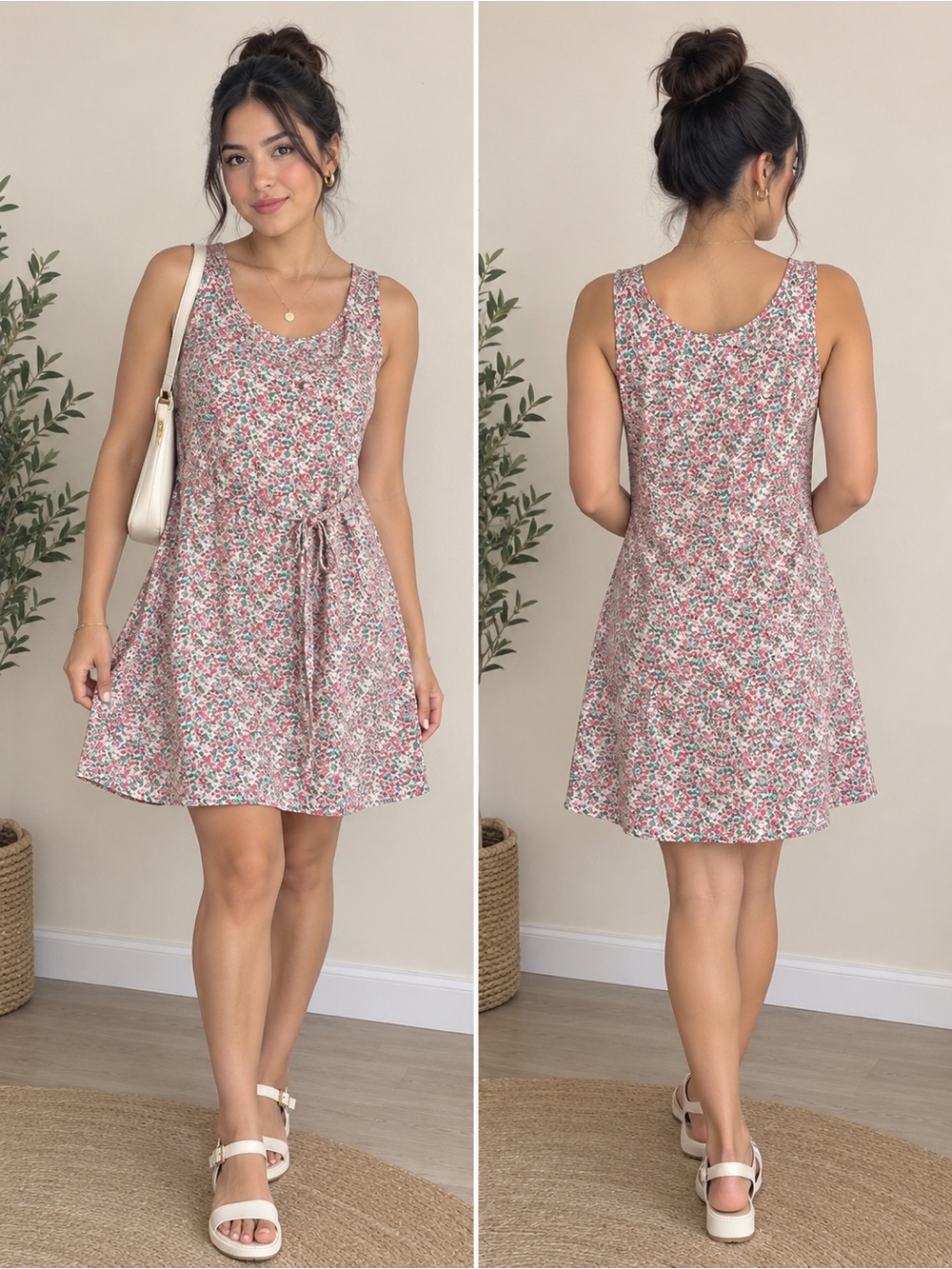 Floral Sleeveless Mini Dress with Tie Waist